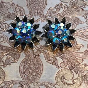 Vintage Lisner AB Blue Rhinestone Starburst Clip On Earrings Signed